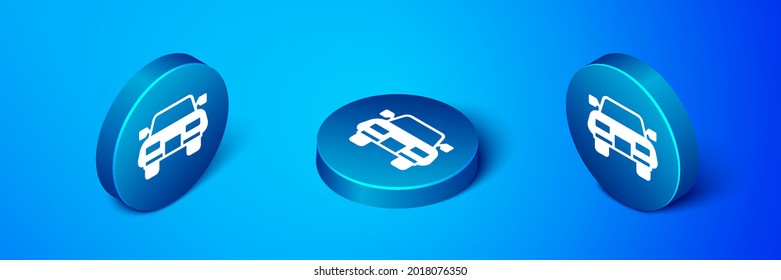 Isometric Car icono aislado en fondo azul. Botón de círculo azul. Vector