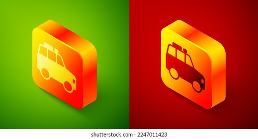 Isometric Car icon isolated on green and red background. Square button. Vector