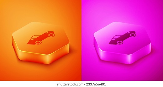 Isometric Car icon isolated on orange and pink background. Hexagon button. Vector