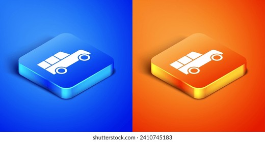 Isometric Car icon isolated on blue and orange background. Front view. Square button. Vector