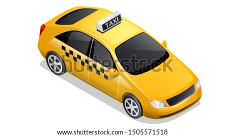 Isometric car icon isolated on white background. Vehicles for passenger transportation, yellow taxi sedan or checkered cab with black tinted glass and shadow and highlights