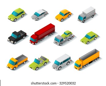 Isometric Car Icons Set With 3d Vans And Trucks Isolated Vector Illustration