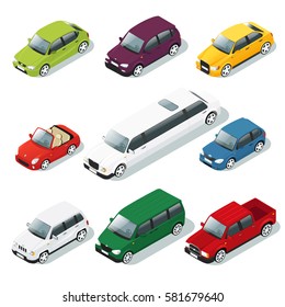 Isometric car icons set of different models and various colors on white background isolated vector illustration
