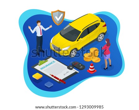 Isometric Car Insurance concept. Auto insurance policy with cash and key fob. Reimbursement Vehicle.
