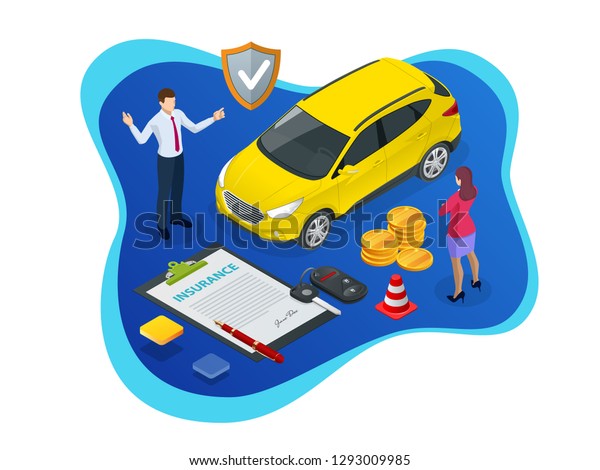 Isometric Car Insurance concept.\
Auto insurance policy with cash and key fob. Reimbursement\
Vehicle.