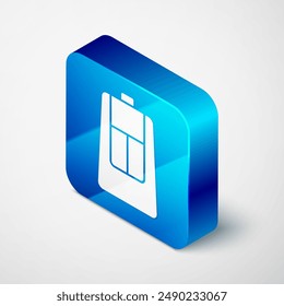 Isometric Car key with remote icon isolated on grey background. Car key and alarm system. Blue square button. Vector