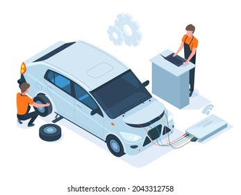 Isometric car maintenance, repair, computer diagnostics station. Auto repair service, mechanic engine diagnostic, troubleshooting vector illustration set. Car repair service, automobile maintenance