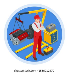 Isometric Car Maintenance Vehicles Diagnostics and Repair Service. Car service Car Engine.
