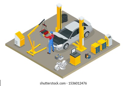 Isometric Car Maintenance Vehicles Diagnostics and Repair Service. Car service Car Engine.