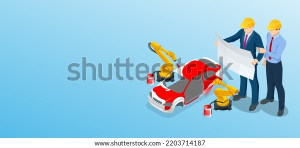 Isometric Car manufacturer,\
robot assembly line in car factory. Car production plant\
process