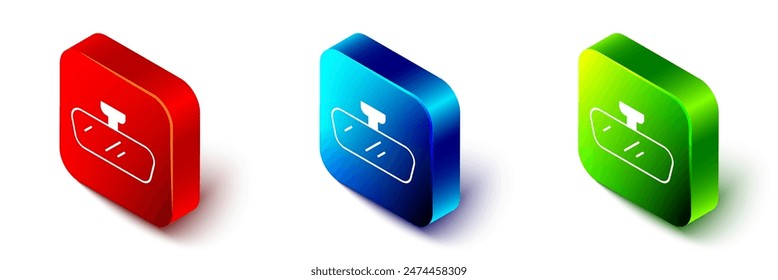 Isometric Car mirror icon isolated on white background. Red, blue and green square button. Vector