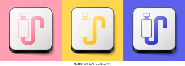 Isometric Car muffler icon isolated on pink, yellow and blue background. Exhaust pipe. Square button. Vector