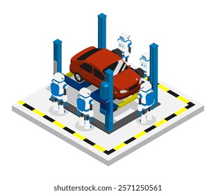 Isometric car on lift in workshop, team of robots investigates and diagnoses car malfunction in workshop. Maintenance of technical condition of machine. 3d vector isolated on white background