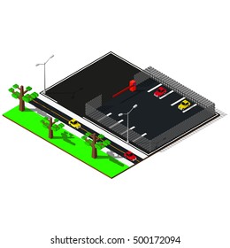 Isometric car parking with barrier. 3d city map. Isometric elements.