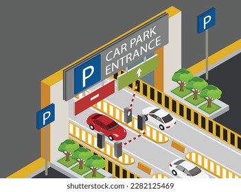 Isometric car parking with cars. Indoor car park with entrance gate and boom barrier. City parking lot entrance with different cars. Public car-park. Vector.