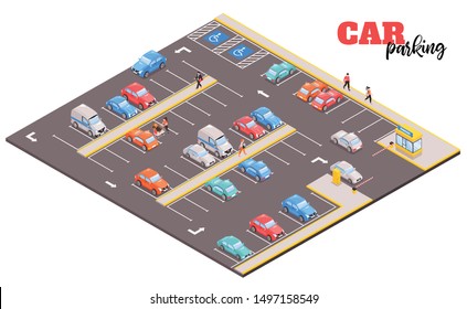 Isometric car parking mall composition with view of square area with images of cars and people vector illustration