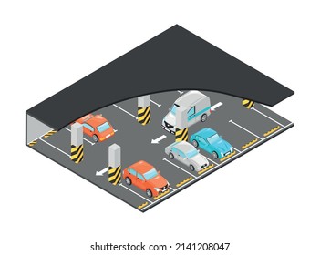 Isometric car parking lot with parked automobiles 3d vector illustration