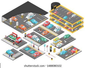 Isometric car parking underground multilevel set with isolated constructor elements for parking lot levels with cars vector illustration