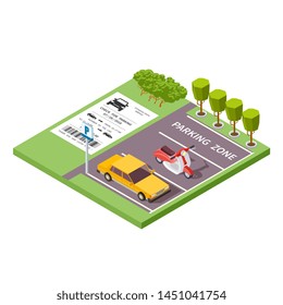 Isometric car parking zone vector illustration 3d. Urban parking zone, service park for vehicle