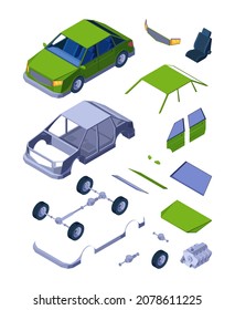 Isometric car parts. Auto service detailed tools mechanical parts collection for repair vehicles wheels gear engine tears doors garish vector 3d creation kit