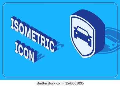 Isometric Car protection or insurance icon isolated on blue background. Protect car guard shield. Safety badge vehicle icon. Security auto label.  Vector Illustration