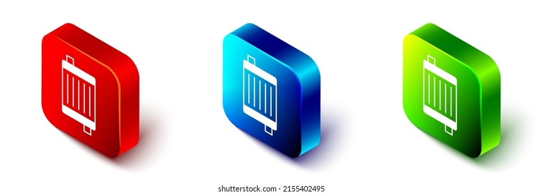 Isometric Car radiator cooling system icon isolated on white background. Red, blue and green square button. Vector