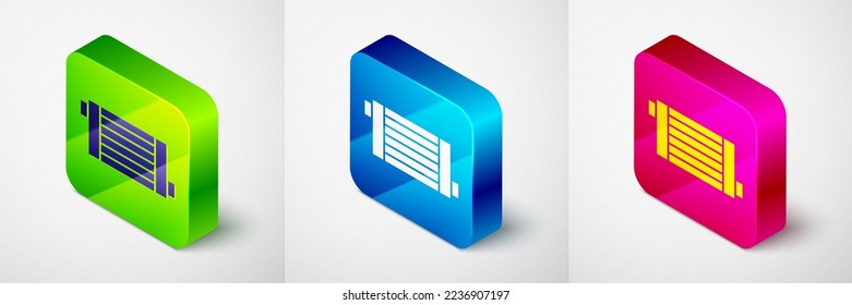 Isometric Car radiator (Isometric Car radiator), icono del sistema de refrigeración aislado en el fondo gris. Botón cuadrado. Vector
