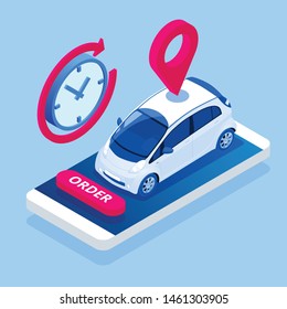 Isometric Car Rental concept. Selling, leasing or renting car service. Vehicle rental and purchase. Used cars app.