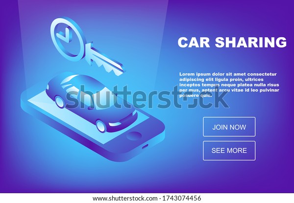 Isometric Car\
Rental concept. Selling, leasing or renting car service. Vehicle\
rental and purchase. Used cars\
app.