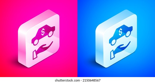 Isometric Car rental icon isolated on pink and blue background. Rent a car sign. Key with car. Concept for automobile repair service. Silver square button. Vector