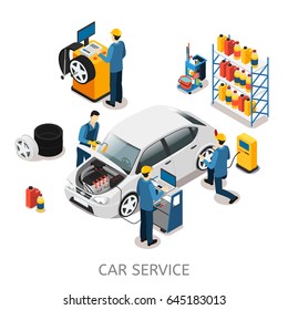 Isometric car repair center concept with workers auto diagnostic wash tire changing services cleaning tools equipment isolated vector illustration 