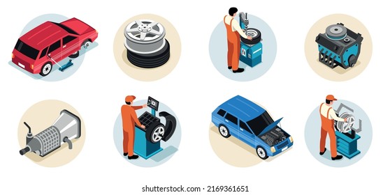 Isometric car repair composition set with technical detailing and spare parts diagnostics isolated vector illustration