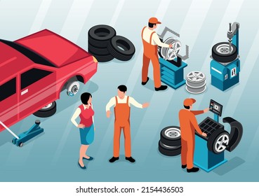 Isometric car repair concept with computer spare parts diagnostics vector illustration