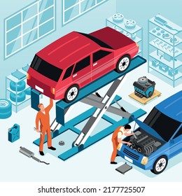 Isometric car repair concept with mechanics in auto service vector illustration