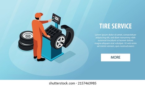 Isometric car repair horizontal banner with serviceman making tire service vector illustration