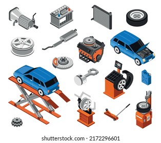 Isometric car repair icons set with auto spare parts and diagnostic tools isolated vector illustration