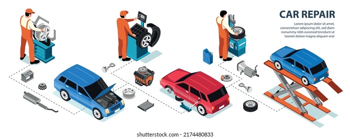 Isometric car repair infographics with service man and repair tools vector illustration