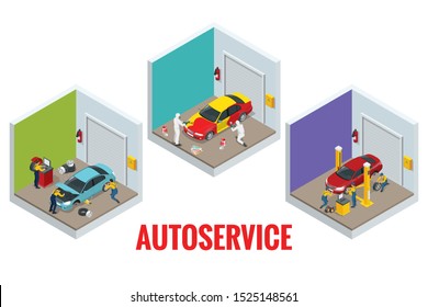 Isometric car repair maintenance autoservice center garage and car service concept. Technicians replace vehicle part, wheels. svg
