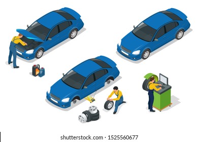 Isometric car repair maintenance autoservice center garage and car service concept. Technicians replace vehicle part, wheels.