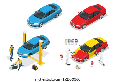 Isometric car repair maintenance autoservice center garage and car service concept. Technicians replace vehicle part, wheels.