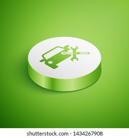Isometric Car with screwdriver and wrench icon isolated on green background. Adjusting, service, setting, maintenance, repair, fixing. White circle button. Vector Illustration