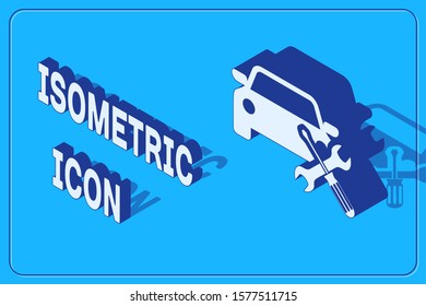 Isometric Car with screwdriver and wrench icon isolated on blue background. Adjusting, service, setting, maintenance, repair, fixing.  Vector Illustration