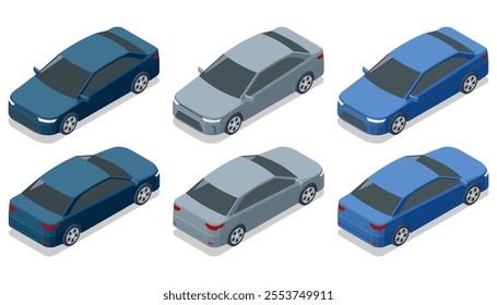 Isometric Car Sedan. Auto low Car vector template on white background. Compact crossover, CUV, 5-door station wagon car. Template isolated. Electric car