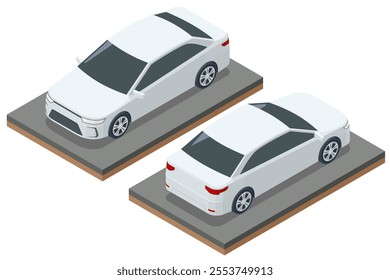 Isometric Car Sedan. Auto low Car vector template on white background. Compact crossover, CUV, 5-door station wagon car. Template isolated. Electric car