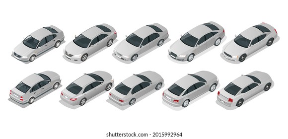 Isometric Car Sedan. Automobile set. Urban transport. Silver sedan car on white background