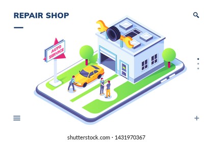 Isometric car service with auto and mechanic. Automobile repair or paint isometry garage with tyre, tire. Transport maintenance or diagnostic, tuning or spare parts station.Smartphone application page