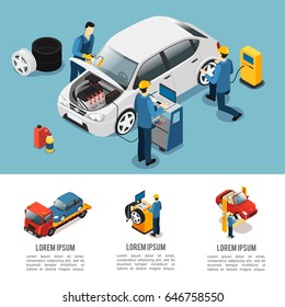 Isometric car service composition with mechanics changing tires diagnosing motor and auto evacuating isolated vector illustration