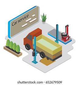 Isometric car service composition with mechanics changing tires, vector illustration.