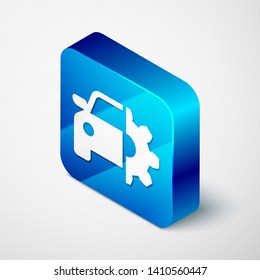 Isometric Car service icon isolated on white background. Auto mechanic service. Mechanic service. Repair service auto mechanic. Maintenance sign. Blue square button. Vector Illustration