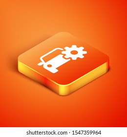 Isometric Car service icon isolated on orange background. Auto mechanic service. Mechanic service. Repair service auto mechanic. Maintenance sign.  Vector Illustration